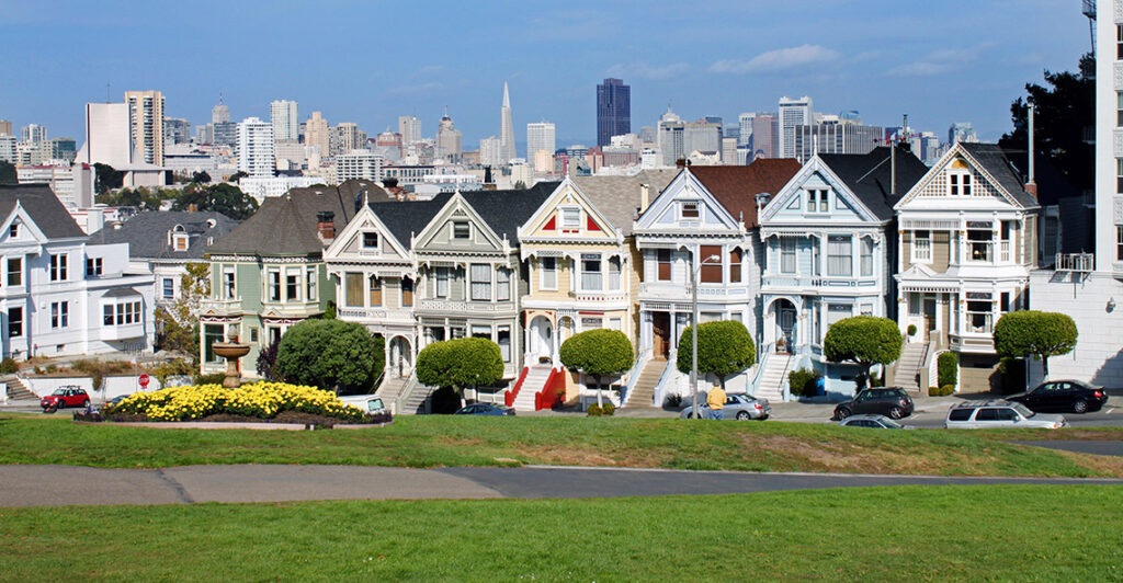 View of the Painted Ladies Victorian Houses from Alamo Square Green Space