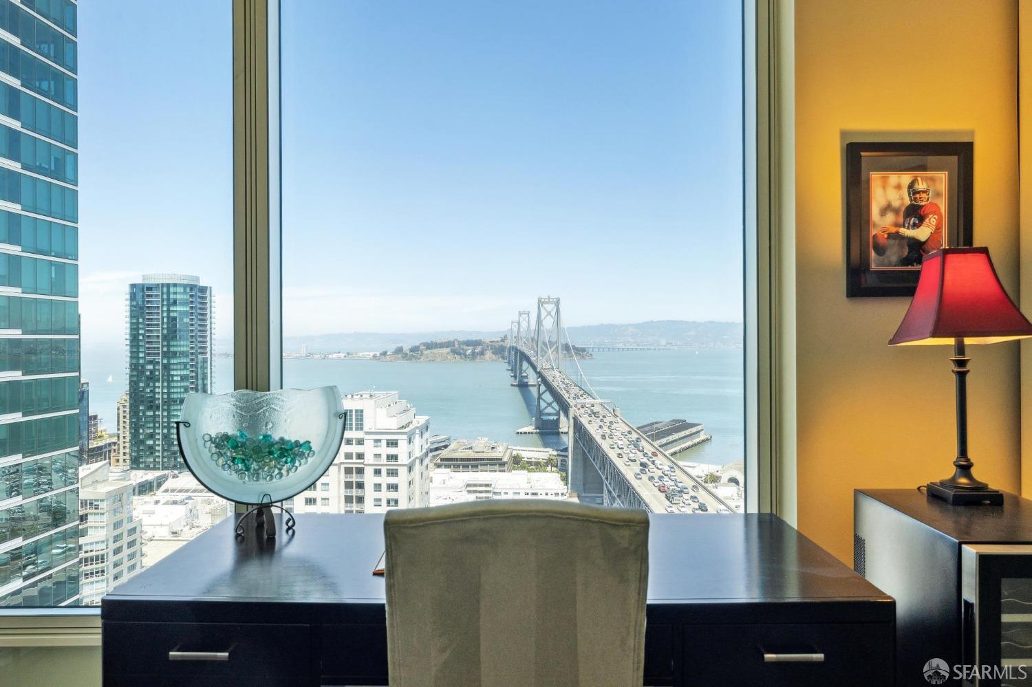 South Beach condo home office with bay bridge view