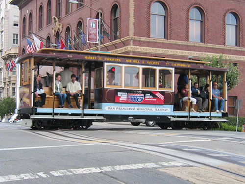 Passengers riding the California Street cable car in San Francisco