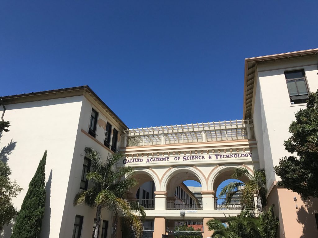 Galileo Academy of Science and Technology from the outside on a sunny day with a bright blue sky