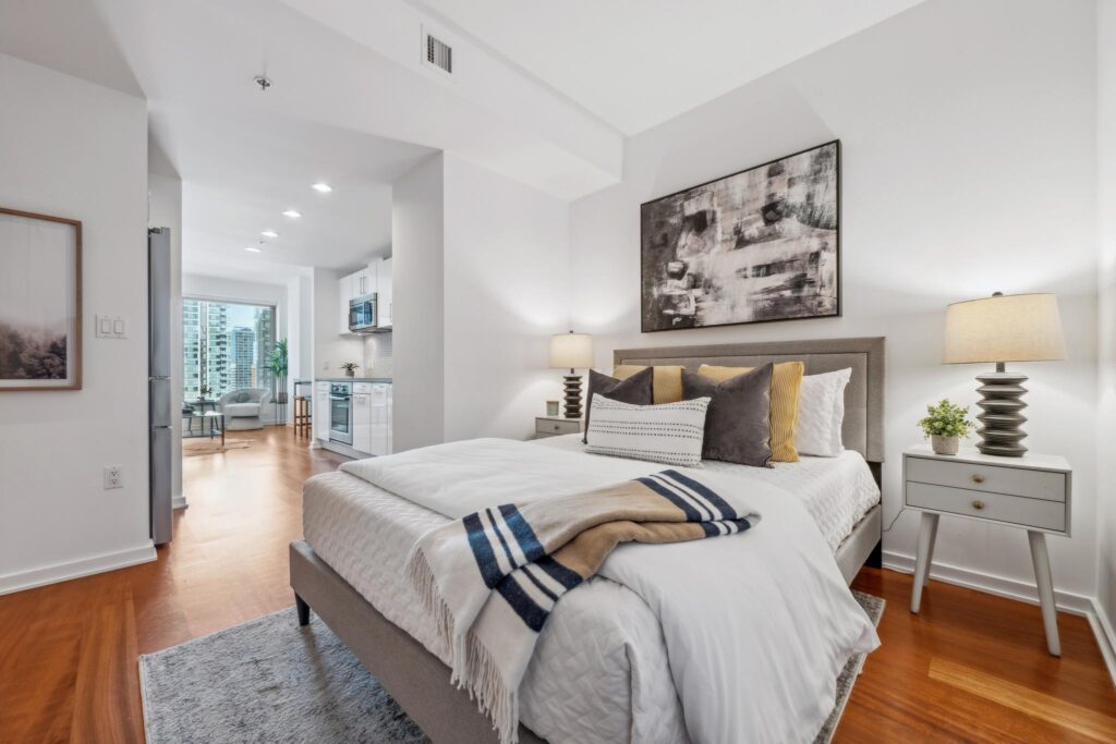 Bedroom of luxury highrise condo in Yerba Buena, SoMa, San Francisco