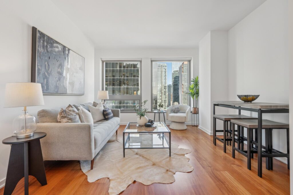 Living room of a unit in 1 Hawthorne, Yerba Buena highrise condo building