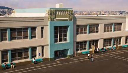 Exterior View of White and teal-blue painted building that is Downtown High School