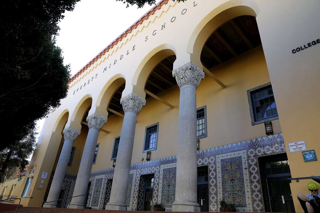 Exterior of columned yellow building with lettering that reads Everett Middle School