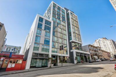 Front exterior of The Austin at 1545 Pine St, a sought-after highrise condo building in the heart of San Francisco