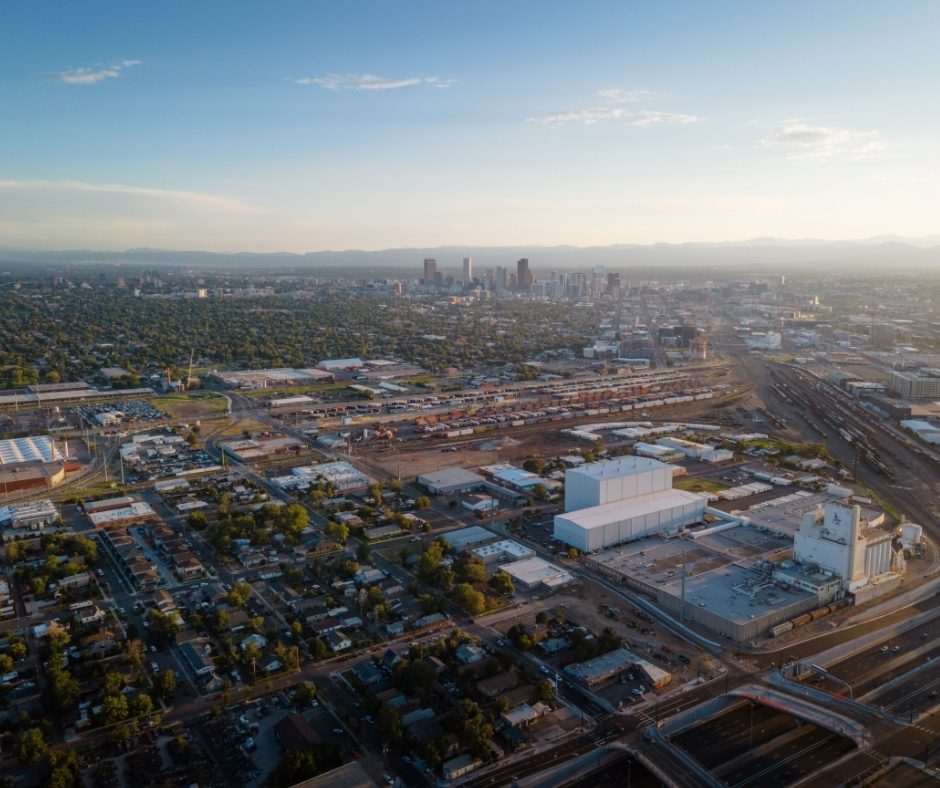 denver drone shot looking southwest from the northeast part of denver