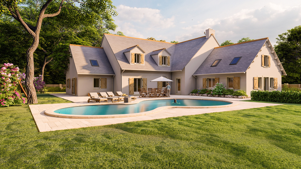 Classical pitched roof house with pool and garden