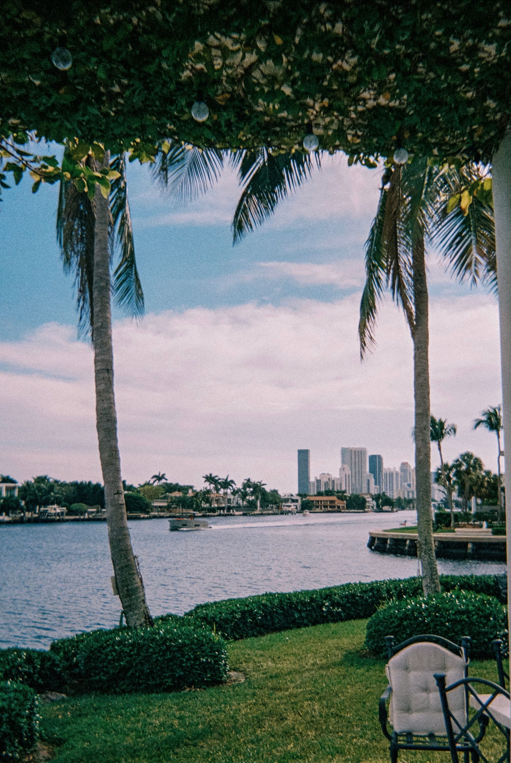 High-rise waterfront condominium towers framed by tall palm trees along a sunny South Florida shoreline
