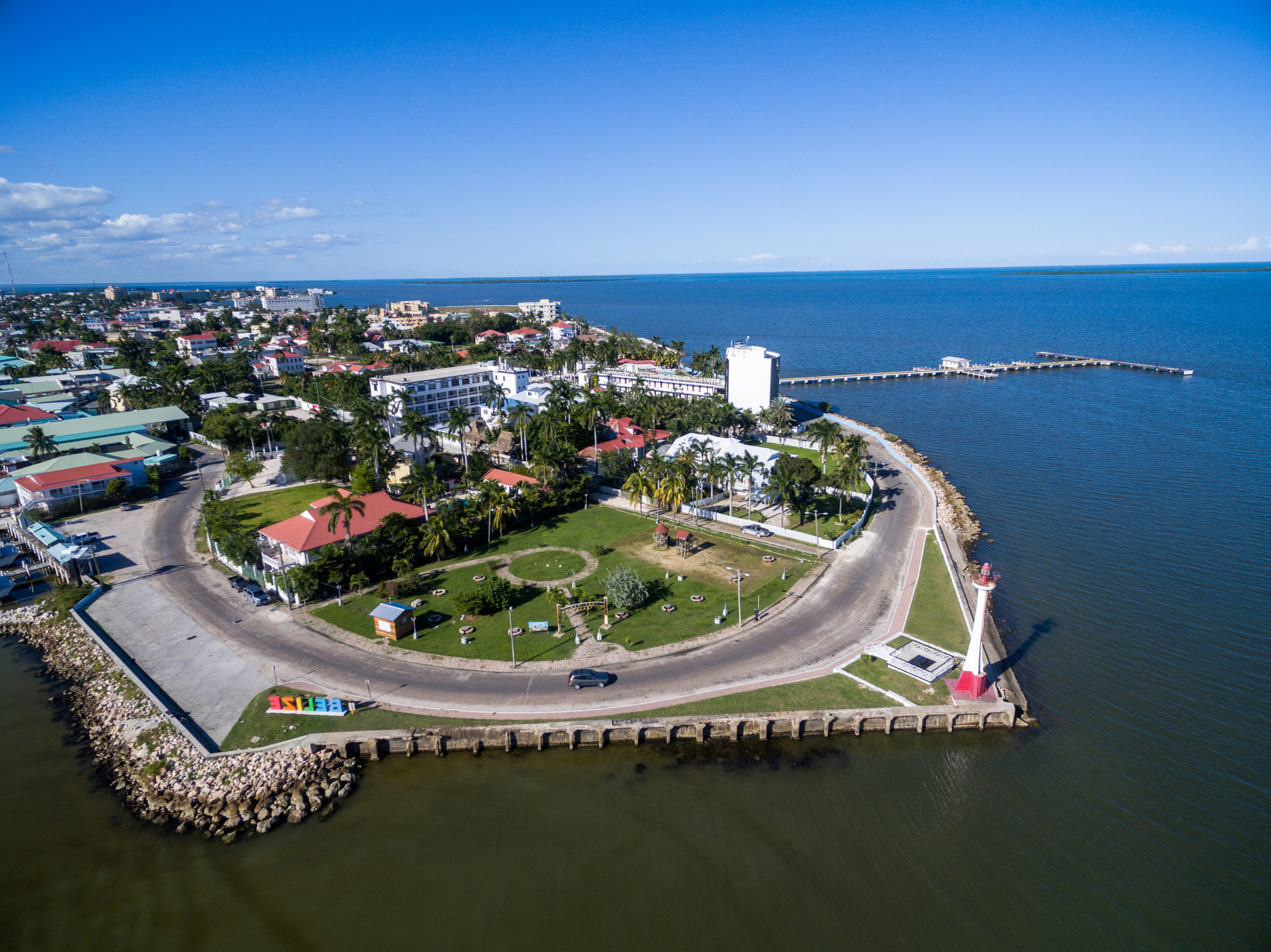 Belize Cityscape with Lighthouse and Caribbean Sea