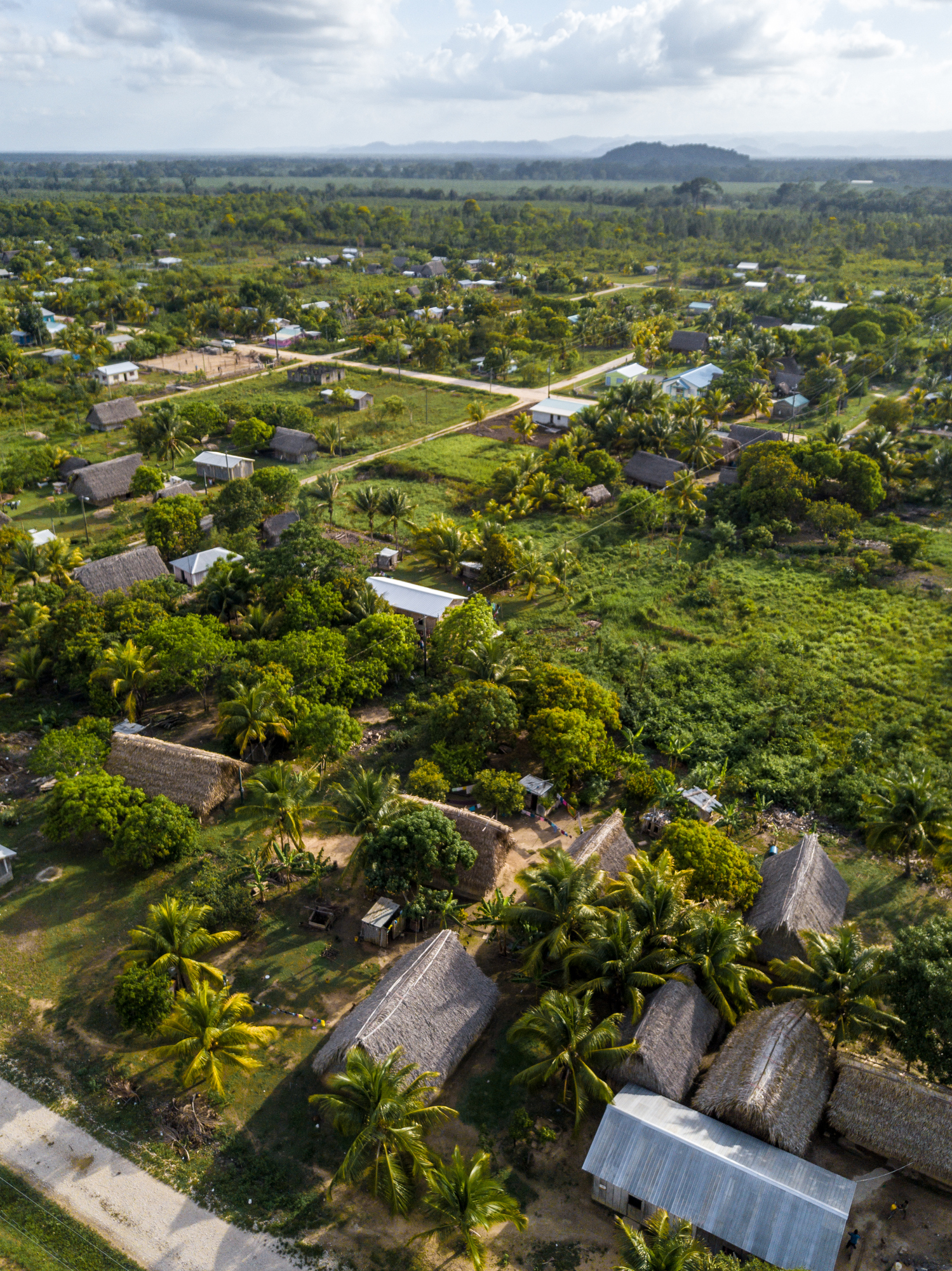 A drone shot of a small village in Toledo, Belize.
