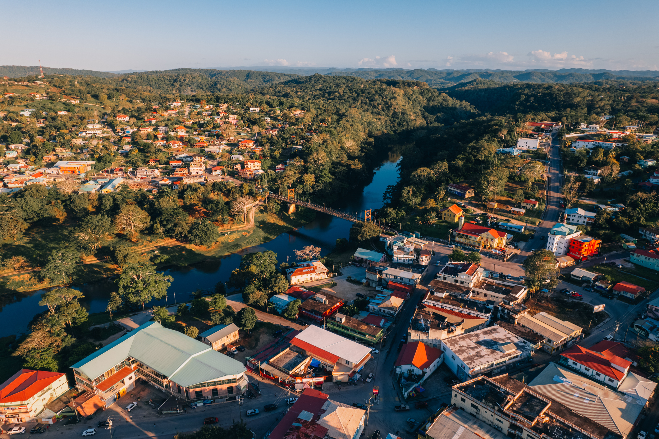 Aerial photos of the twin towns of Santa Elena and San Ignacio, joined by the Hawkesworth Bridge, Belize's longest suspension bridge.