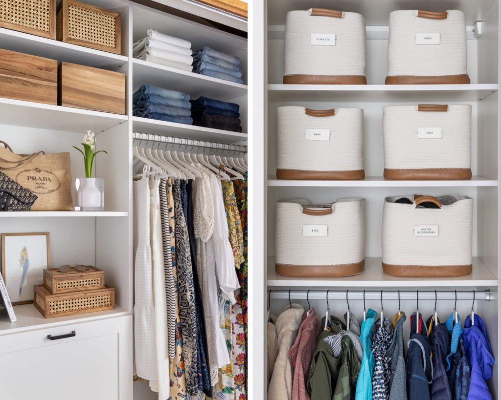 A neatly organized closet featuring folded jeans, hanging clothes, and labeled storage baskets.