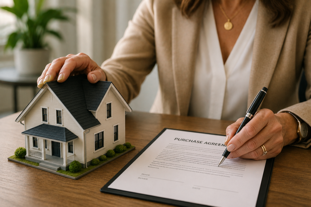 Woman holding a house and a purchase contract