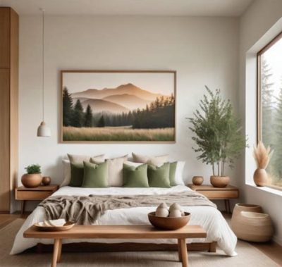 primary bedroom staged for sale with layered textures and soft lighting