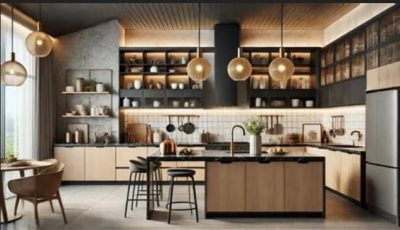 modern kitchen staging with light cabinets and mixed metal accents