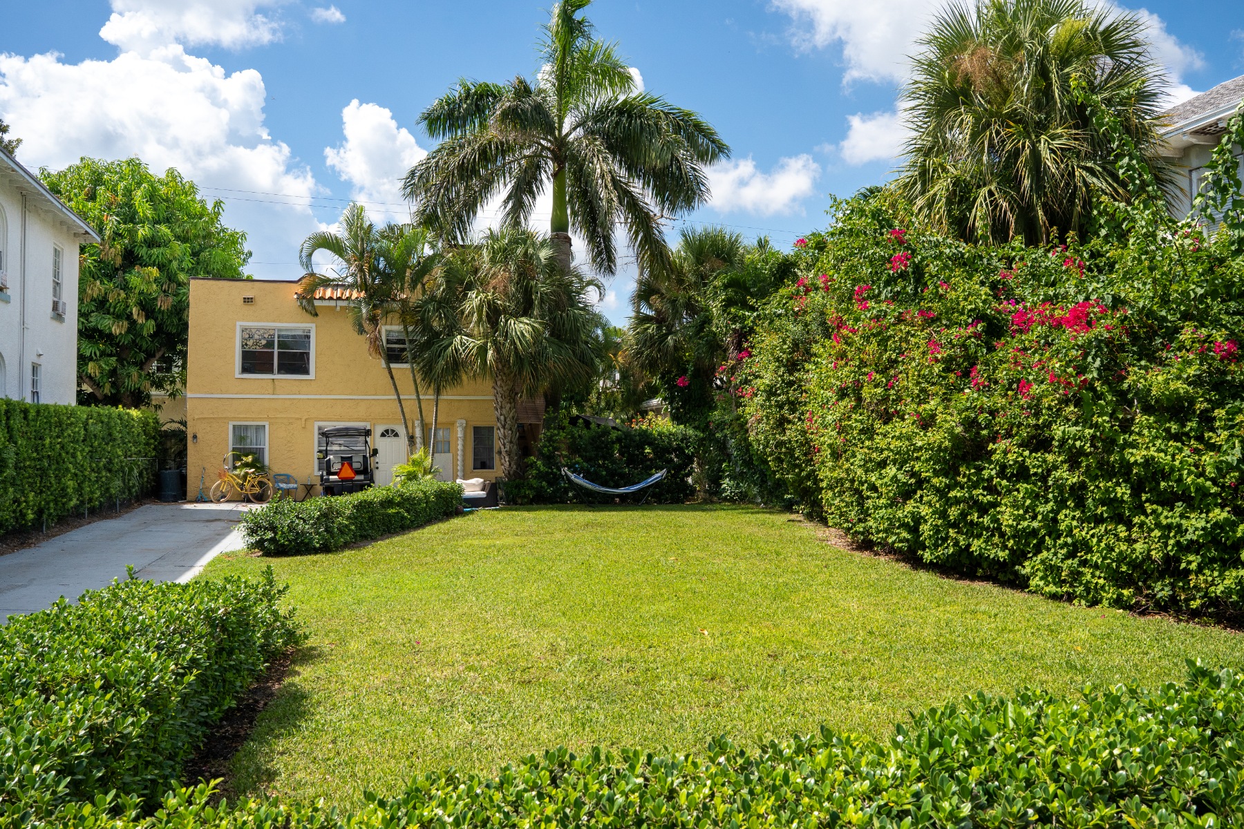 Backyard lawn with a palm tree, yellow home, and tropical landscaping