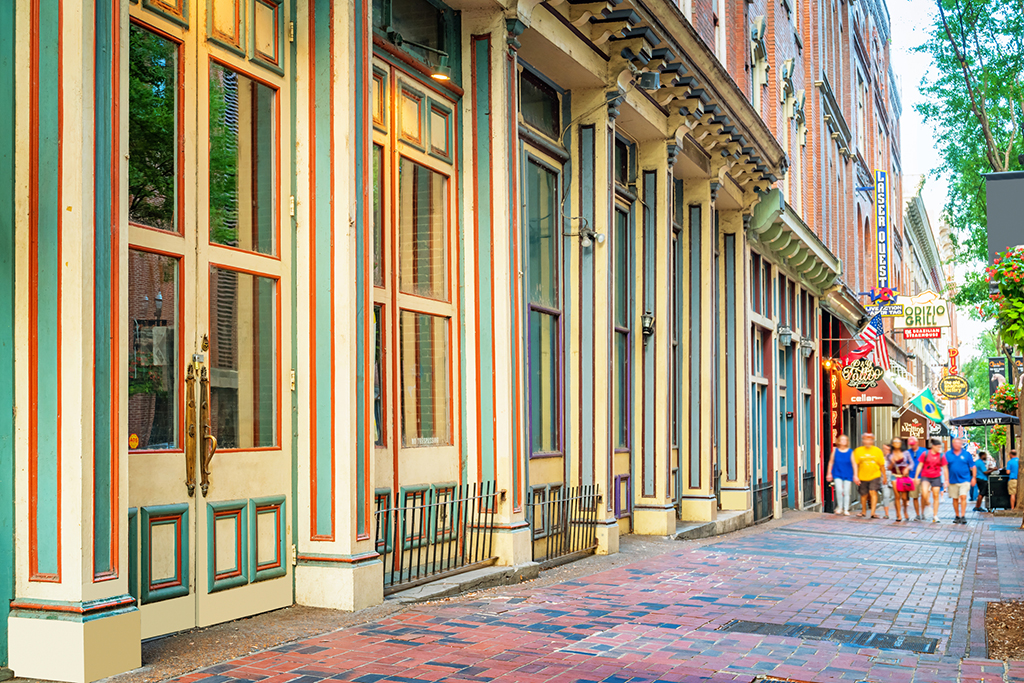 Stock photograph of ornate facades of the restaurant district on 2nd avenue in downtown Nashville, Tennessee, USA.