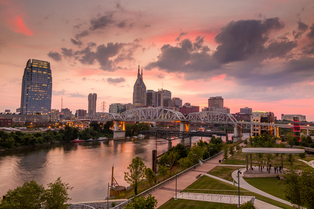 Nashville, Tennessee downtown skyline at twilight USA