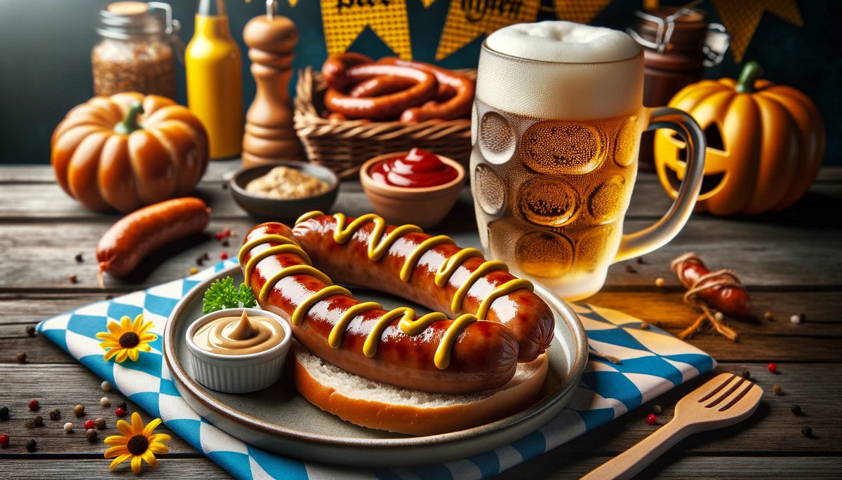 Photo of brats and drinks.