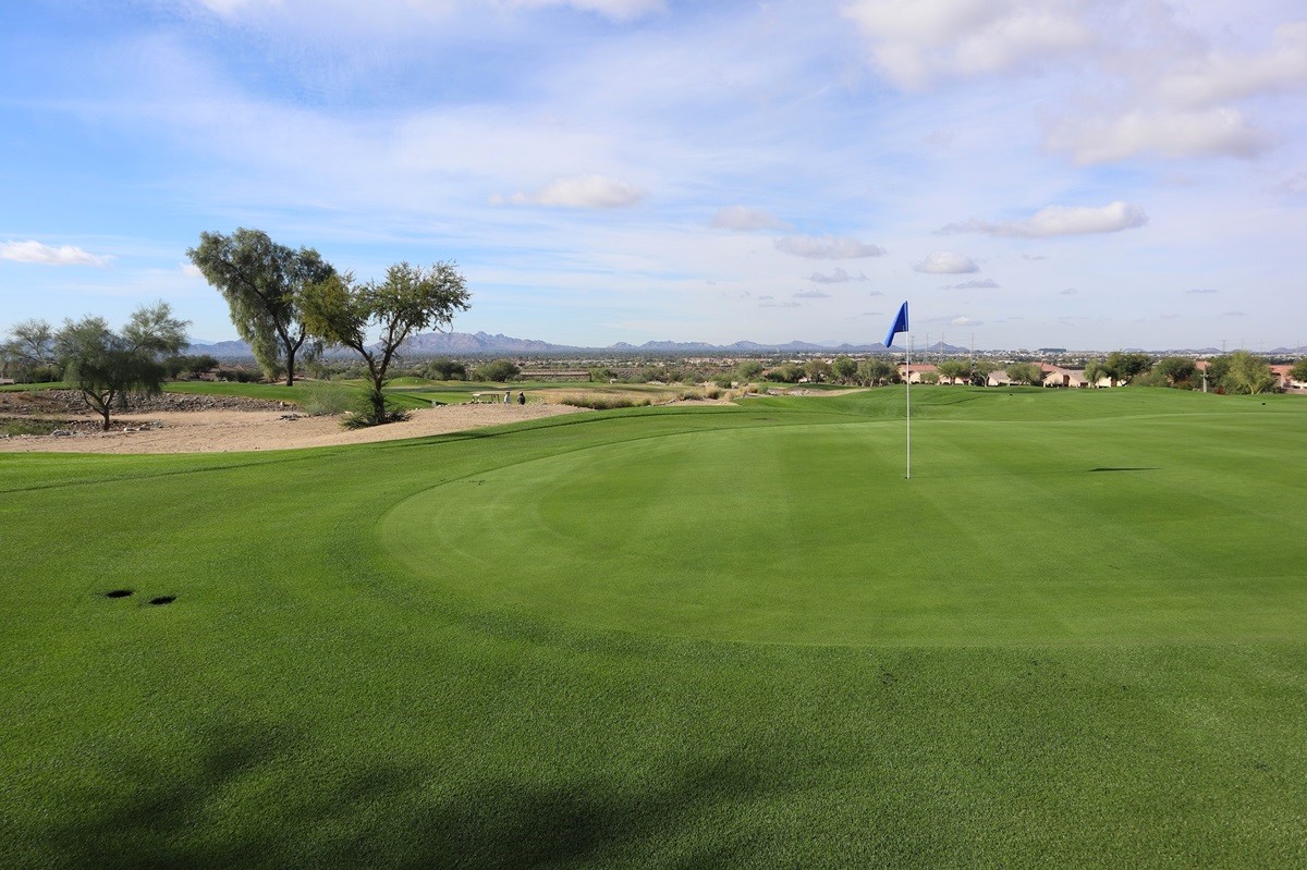 View of McDowell Mountain Ranch Golf Club's green, with a flagstick on the putting green, surrounded by desert landscaping, trees, and distant mountains under a partly cloudy sky.