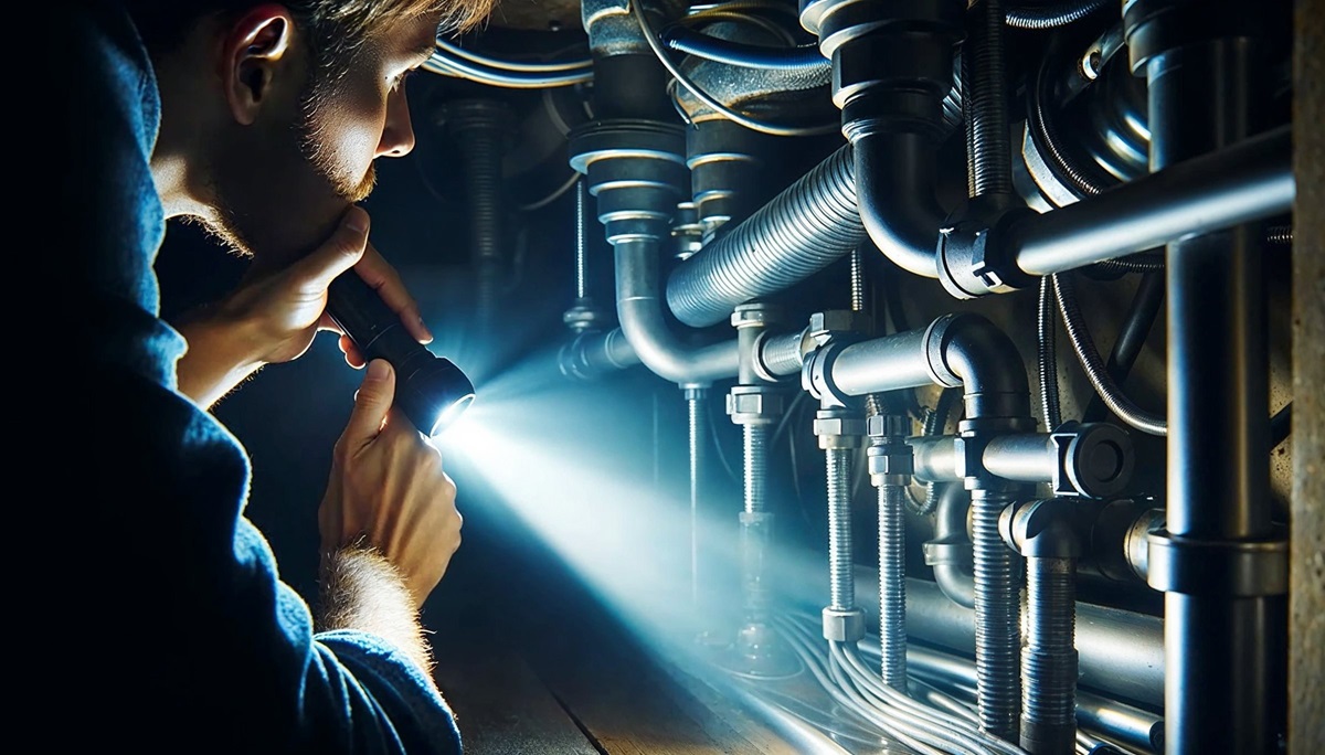 A home inspector looks at pipes.