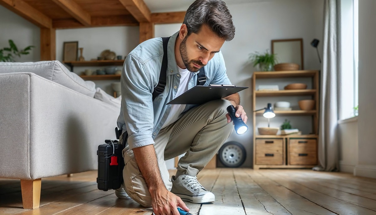 A home inspector examining the floor.