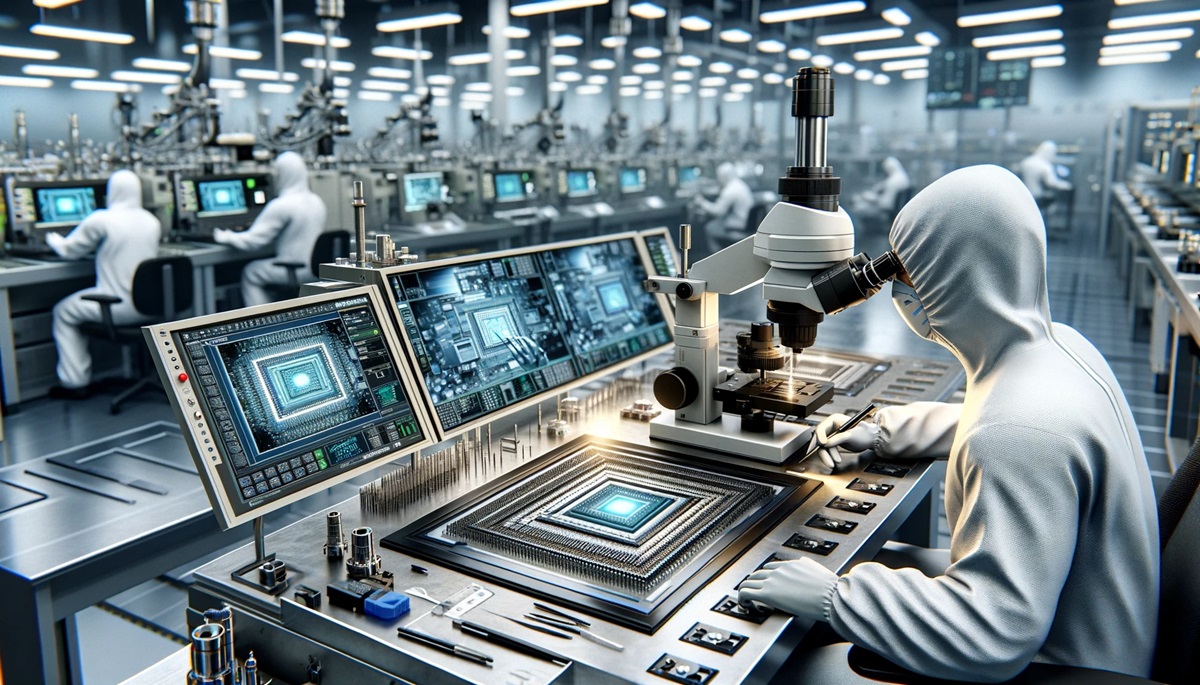 Rendering of a scientist working on a semiconductor.