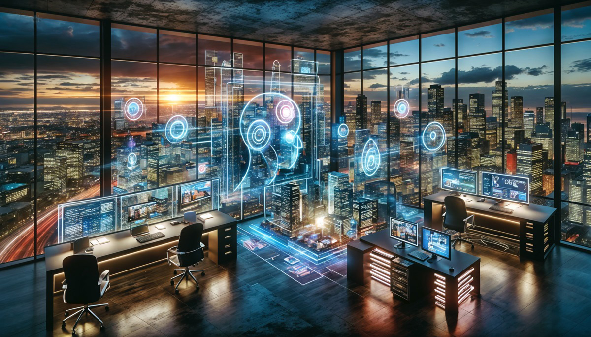 An AI data center overlooking a city of high-rise buildings.