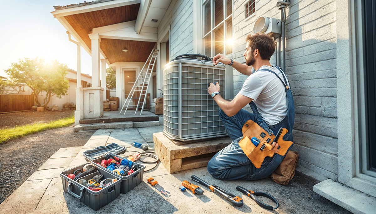 A home repairman working on an AC unit.