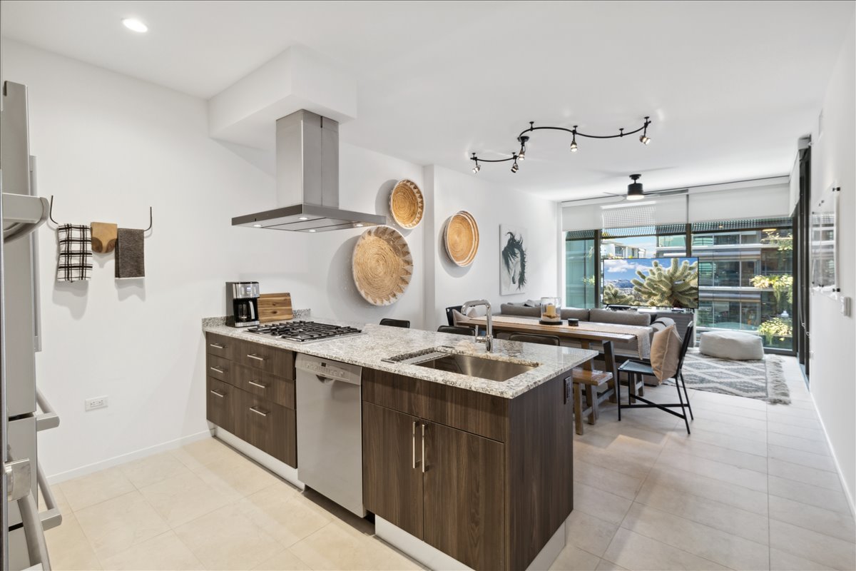 The kitchen of a condo unit at Optima Kierland.