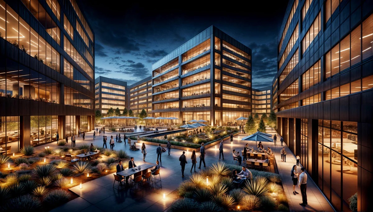 Rendering of industrial buildings.