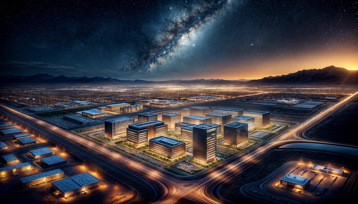 Rendering of industrial buildings.