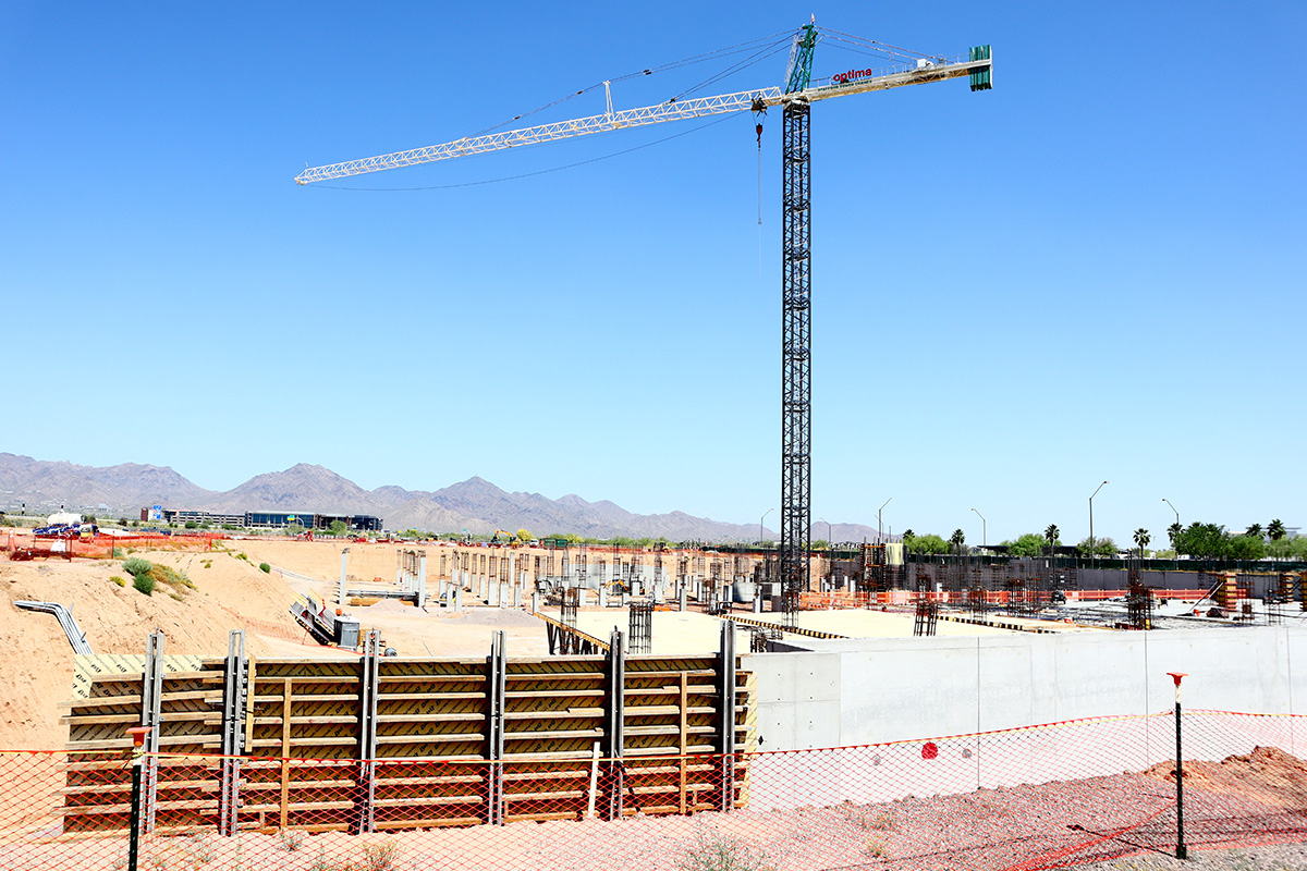 Construction progress at Optima McDowell Mountain Village in North Scottsdale.
