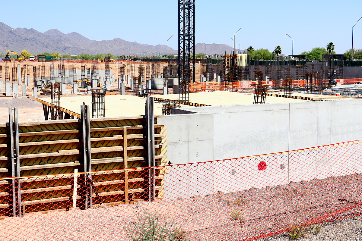 Construction progress at Optima McDowell Mountain Village in North Scottsdale.