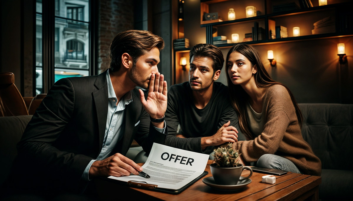 A Realtor whispering to his clients.