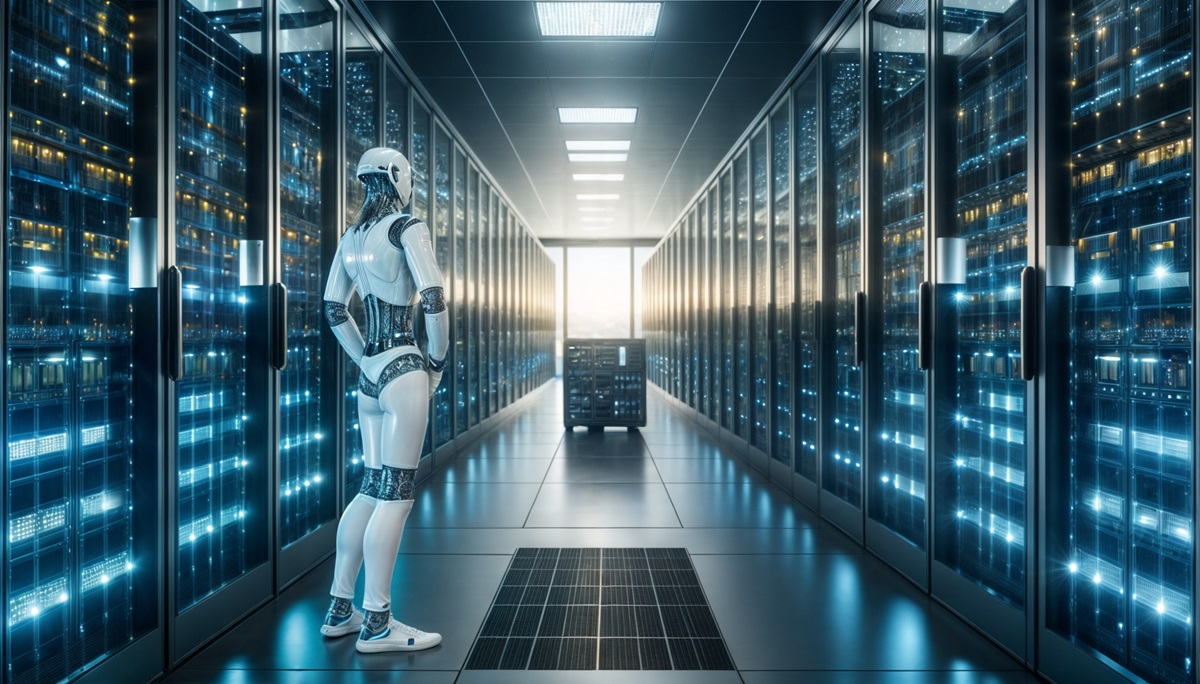 Rendering of a robot in a server farm.