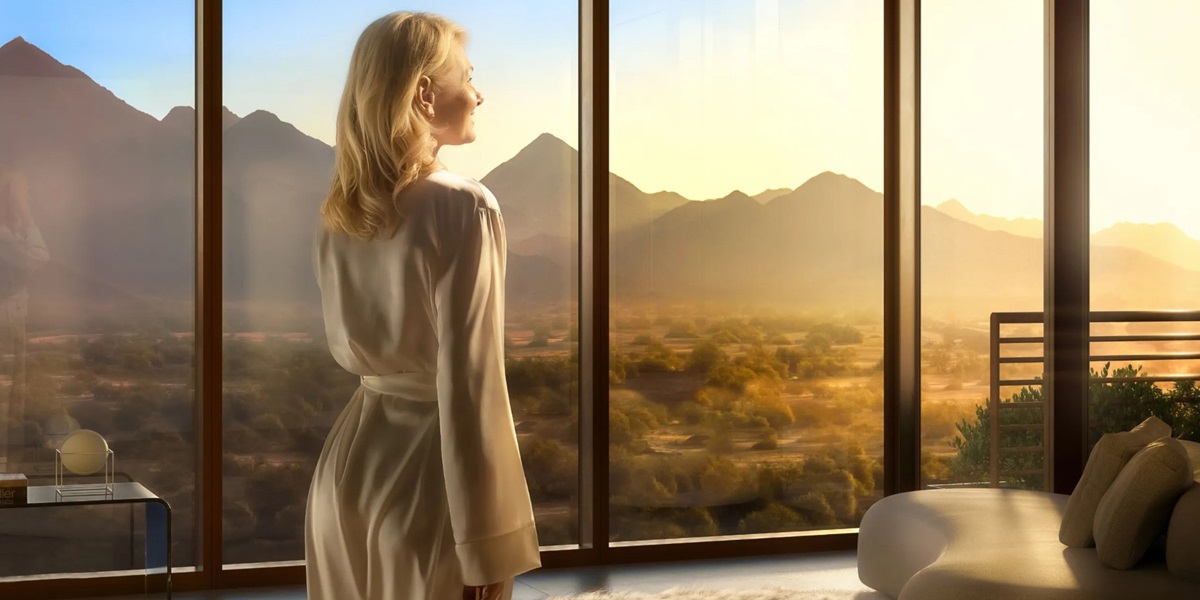 Rendering of a woman looking towards the McDowell Mountains.