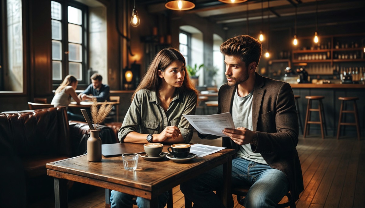A confused husband and wife looking over a contract.