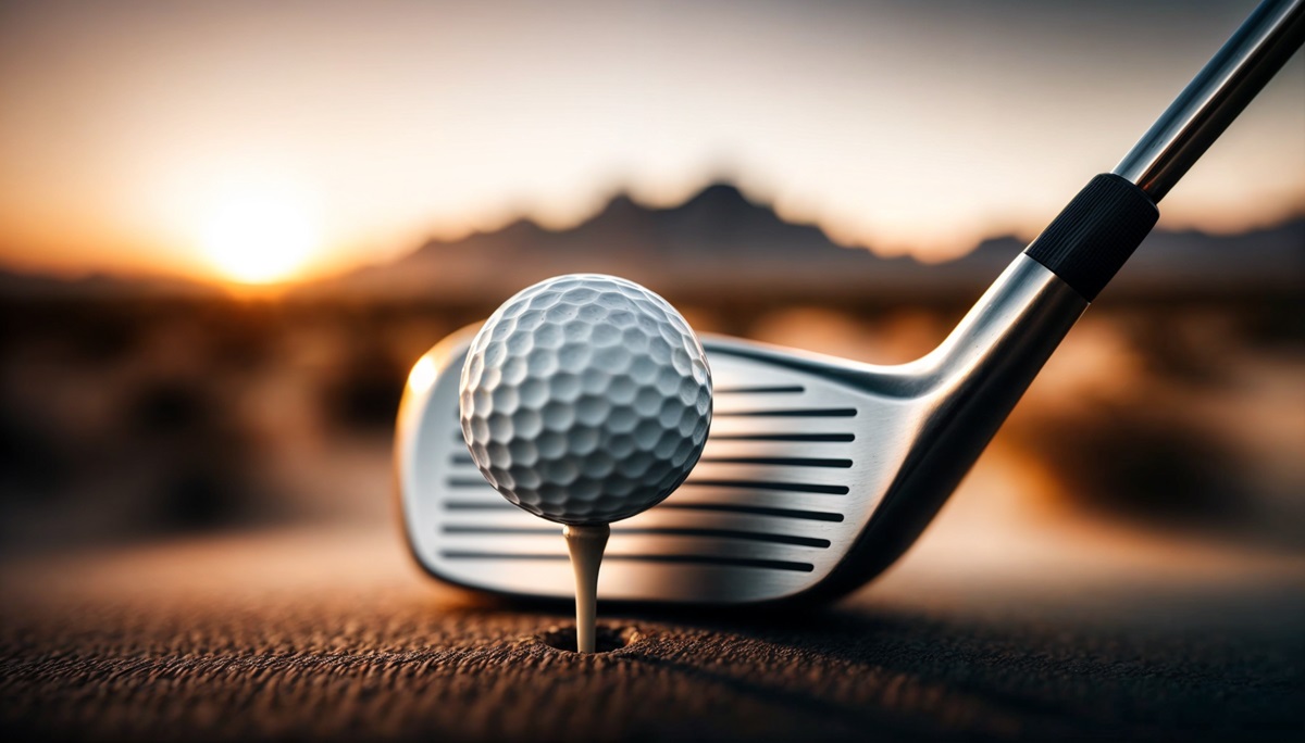 A golf club about to hit a golf ball with a desert mountain in the background.