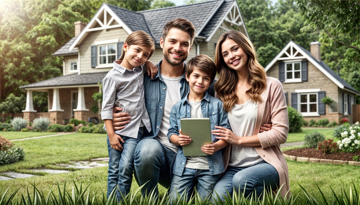 A happy family in front of a house.