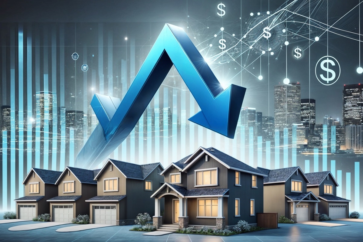 Houses with an interest rate arrow above them.