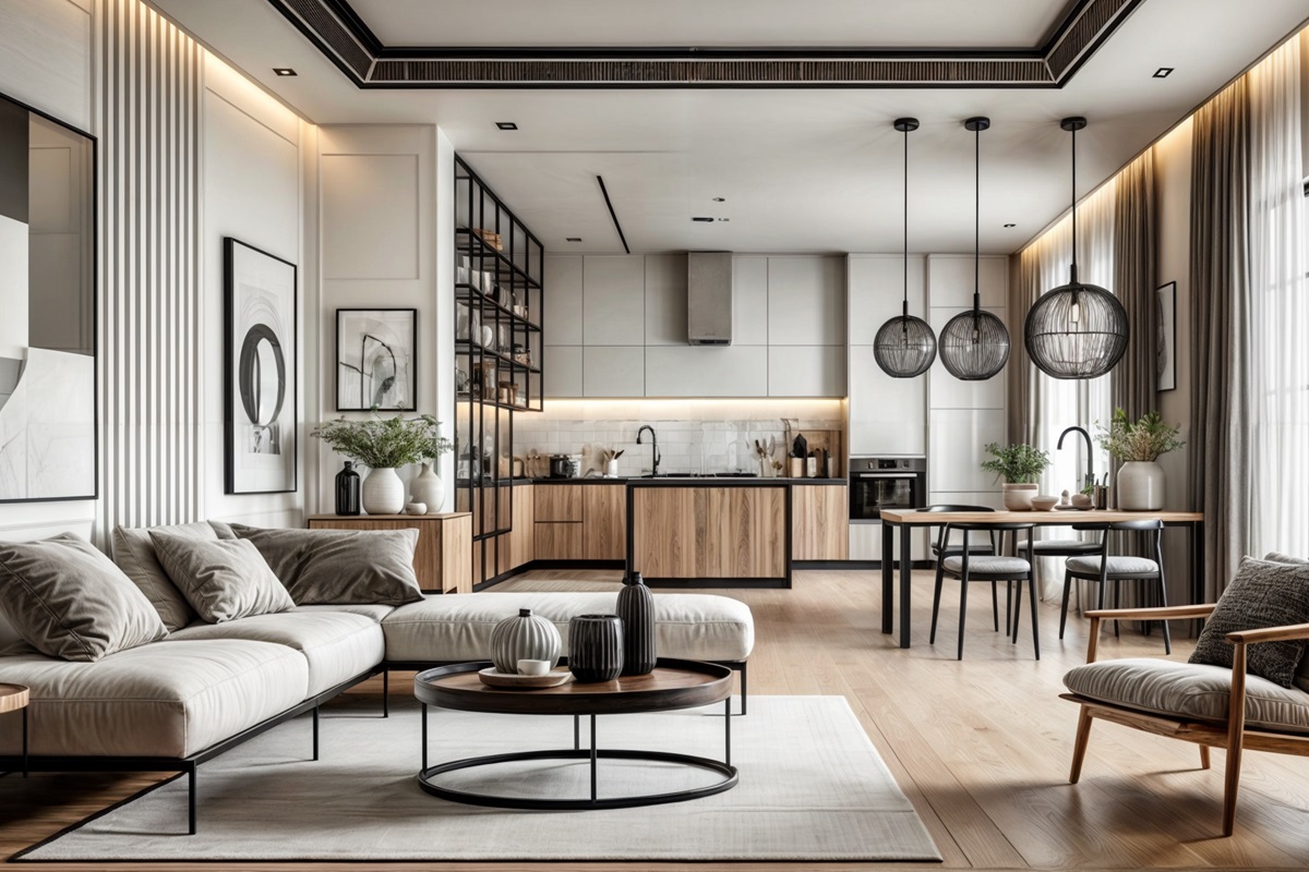 A interior rendering of a furnished, modern home.