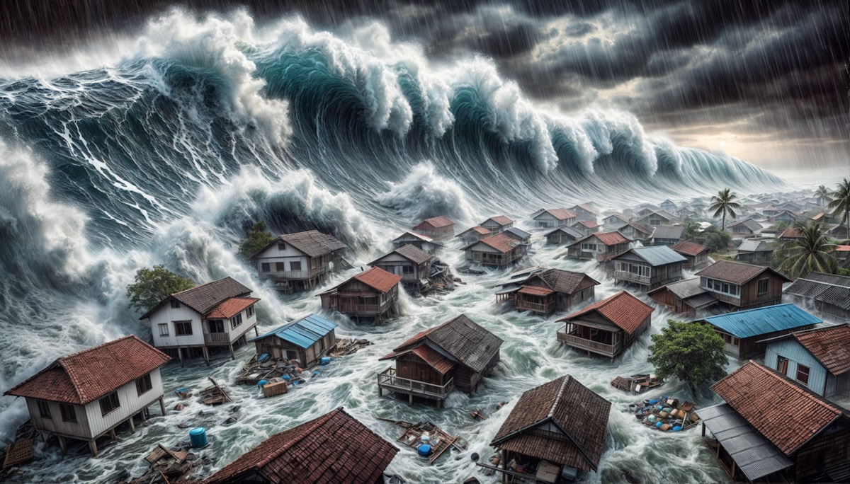 A tsunami knocking over homes.