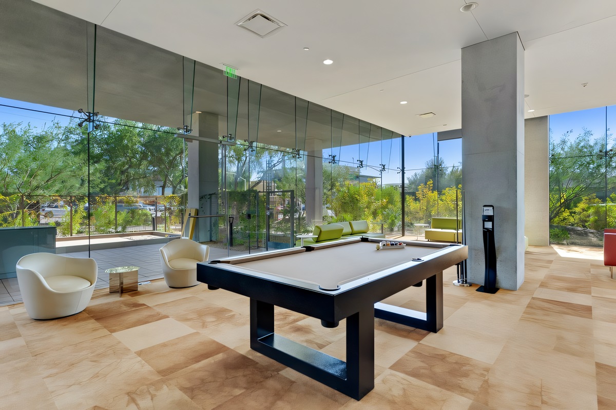 A pool table inside the Optima Kierland condo development.