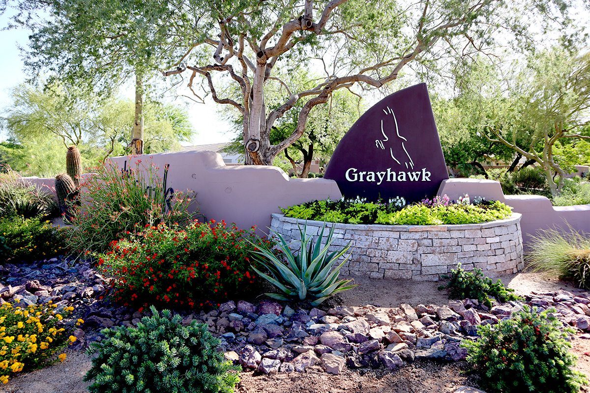 Grayhawk entrance sign surrounded by native desert plants, vibrant flowers, and rock landscaping in Scottsdale.
