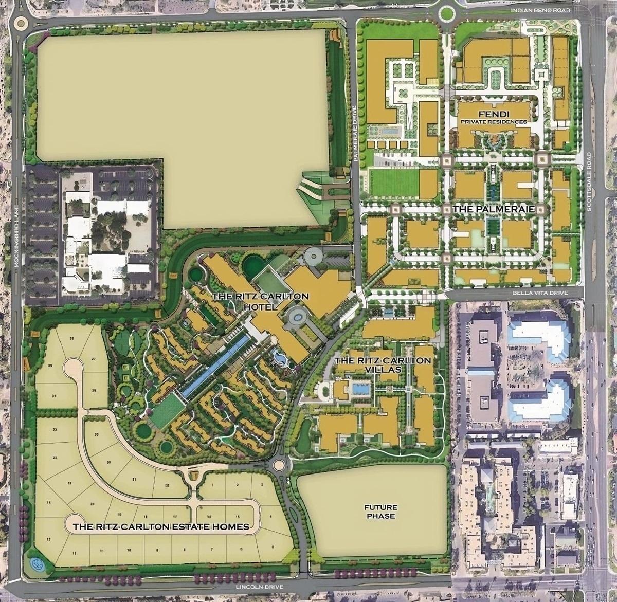 Master plan layout of The Ritz-Carlton Paradise Valley, including The Ritz-Carlton Hotel, Villas, Estate Homes, and surrounding luxury retail areas like The Palmeraie and FENDI Private Residences.