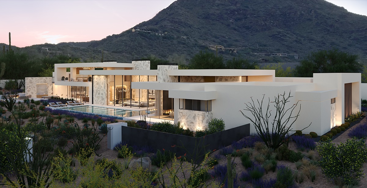 A modern luxury home with expansive glass walls, a sleek pool, and minimalist design, set against the scenic backdrop of Mummy Mountain at sunset.