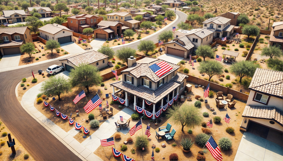 High-angle view of an Arizona neighborhood with homes decorated in red, white, and blue for election season.