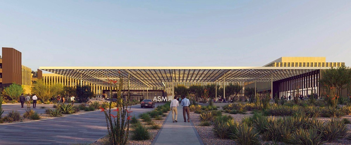 Rendering of ASM’s new headquarters planned for North Scottsdale, showcasing a low, modern building with a lattice-style roof and surrounding desert landscaping.