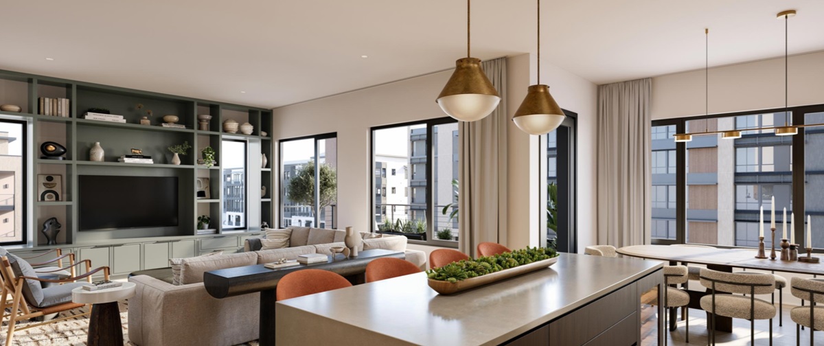 A rendering of the Atavia condo interior, showcasing an open kitchen, dining, and living area with large windows, stylish built-in shelving, and a mix of modern and cozy decor.